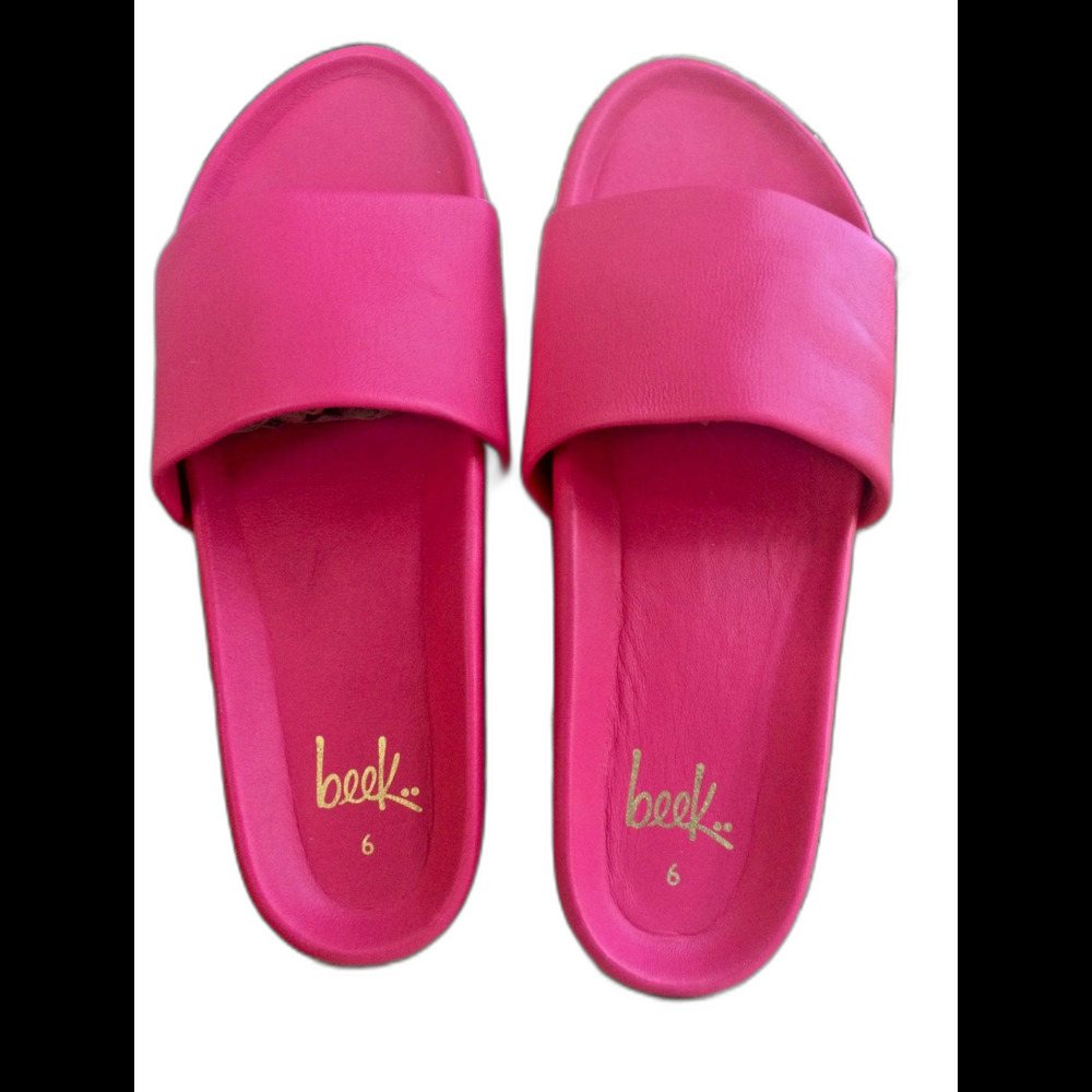 Beek Pelican Leather Platform Slide Sandals Size 6 Hibiscus Hot Pink Shoes w Bag - Picture 9 of 13